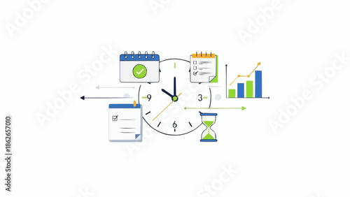 Time Management and Productivity Illustration with Clock and Calendar.