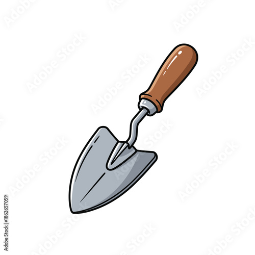 a detailed illustration of a hand trowel with a wooden handle and a metallic digging blade isolated on white