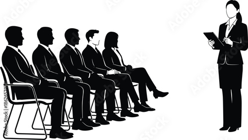Business training presentation silhouettes with female speaker and seated audience isolated on white background symbolizing education leadership communication professionalism
