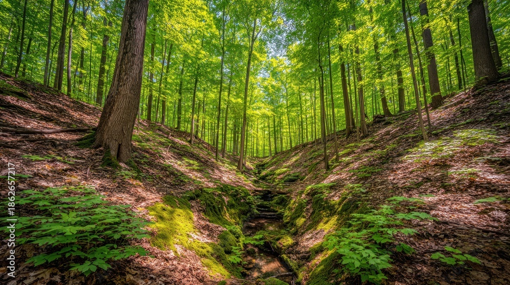 Obraz premium Sunlight streams through a dense forest canopy illuminating steep, wooded slopes and a small ravine