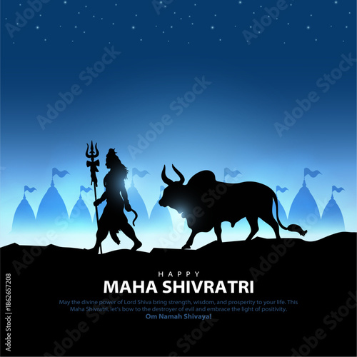 Happy maha Shivratri, a Hindu festival celebrated of lord shiva night. Creative vector illustration design with lord shiv and Nandi walking on mountain. Background of temples.
