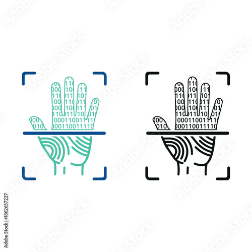 Biometric Hand Print Scan Icon, Hand palm vein recognition and biometric security scan icons set.