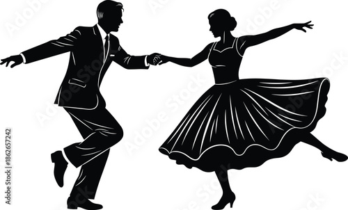 Elegant ballroom dance couple silhouettes performing classic swing choreography isolated on white background symbolizing romance rhythm movement grace passion celebration