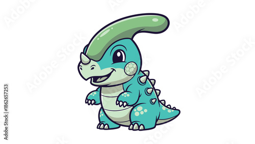 Adorable Cartoon Parasaurolophus Dinosaur with Crest and Spikes.