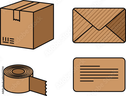 Cardboard packaging illustration set, box envelope tape label postal delivery materials isolated on white background for shipping design
