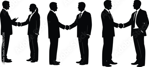 Businessmen handshake silhouettes isolated on white background symbolizing professional agreement partnership negotiation teamwork corporate trust leadership success collaboration networking unity