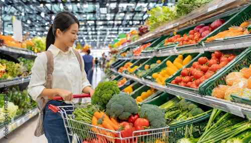 スーパーマーケットの野菜売り場でカートを押して買い物をしている若い女性。緑黄色野菜がたくさん並べられている。