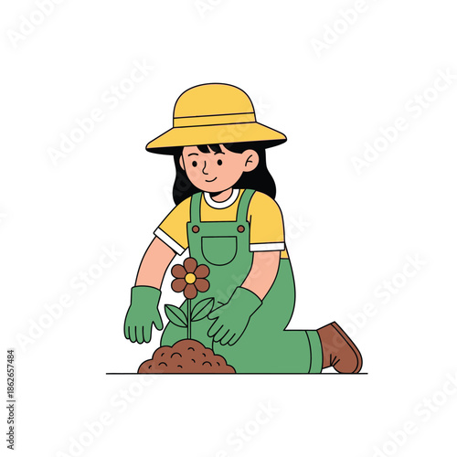a cheerful young gardener is carefully planting a vibrant pink flower in the rich soil tending to new life