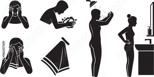 Personal hygiene steps including washing face, showering, and drying off