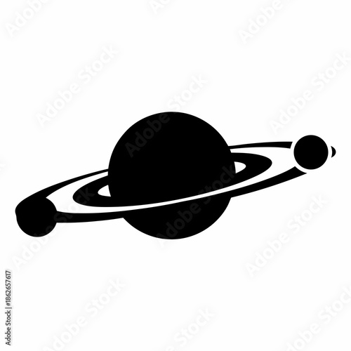 Planet with Rings and Moons, a Celestial Black and White Illustration