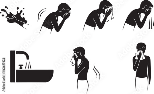 Illustration of the steps to wash your face at a sink