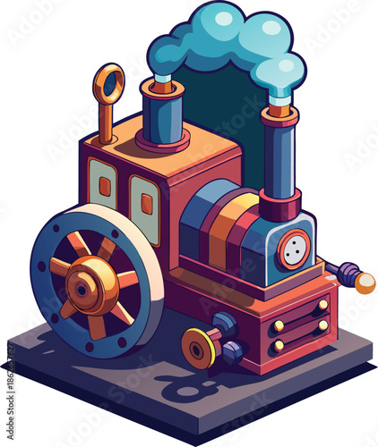 Isometric Vintage Steam Engine Tractor with Smoke Vector Illustration