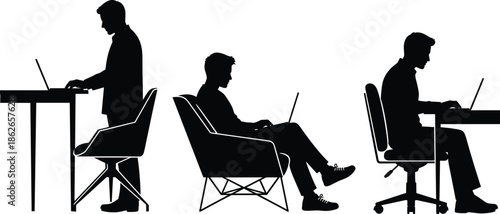 Remote work silhouette illustration of man using laptop at desk and chair freelance technology home office vector concept
