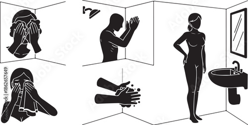 Personal hygiene routine: washing face, showering, and hand washing