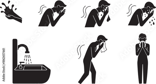 Illustrations depicting the process of washing face and wiping it with a towel