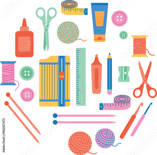 Craft and sewing supplies icon illustration set, colorful tools yarn scissors buttons isolated on white background design use