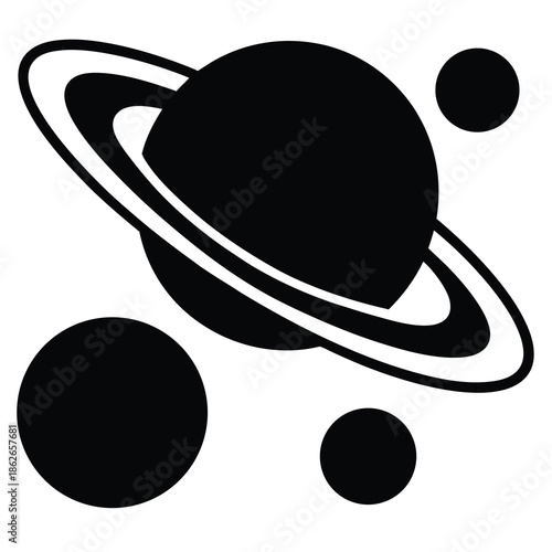 Stylized depiction of a ringed planet with several surrounding moons illustration