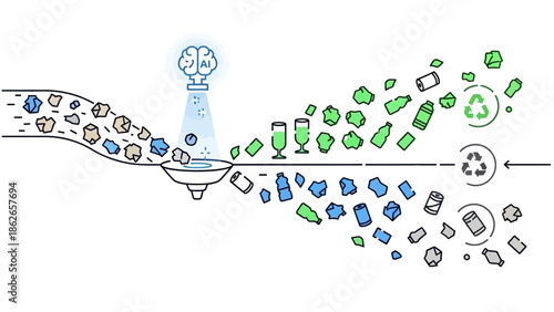 Recycling process with artificial intelligence sorting waste materials.