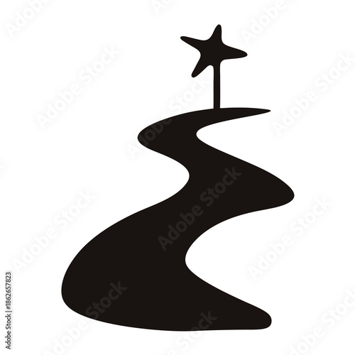 Black winding road leading to a single five pointed star on white