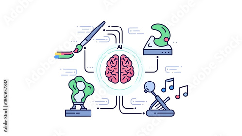 AI Brain Connects Creativity Art Music Sculpture and Technology.
