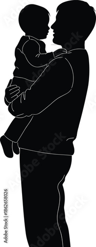 Father holding baby silhouette illustration showing parental love care bonding family relationship concept isolated black vector art on white background