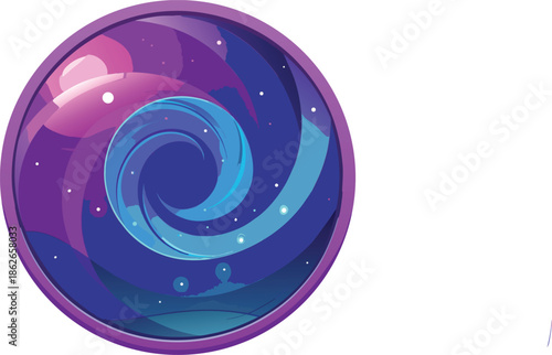 Vibrant Space Galaxy Swirl Circular Badge Vector Illustration with Nebula and Stars