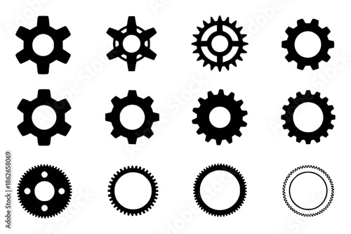 Black gear with varying teeth and hole configurations white cogwheel mechanical