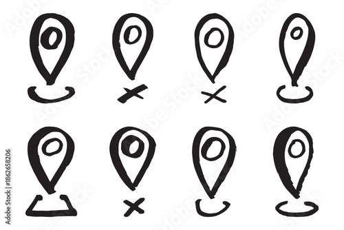 Set of hand drawn map pin Map marker pointer sign GPS and mapping tools Location pin symbol Pinpoint clipart in doodle style Single element for web, design