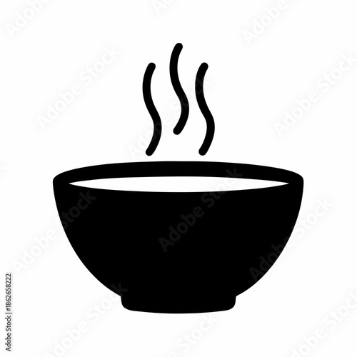 Steaming hot bowl of soup or noodles, simple black and white icon