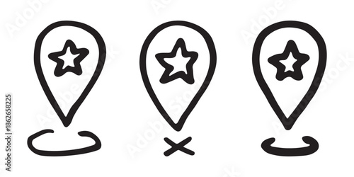 Set of hand drawn map pin Map marker pointer sign GPS and mapping tools Location pin symbol Pinpoint clipart in doodle style Single element for web, design