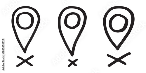 Set of hand drawn map pin Map marker pointer sign GPS and mapping tools Location pin symbol Pinpoint clipart in doodle style Single element for web, design