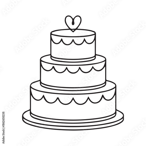 Stacked wedding cake dessert with heart topper line art vector icon for food apps and websites
