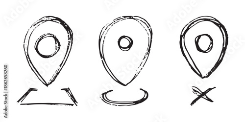 Set of hand drawn map pin Map marker pointer sign GPS and mapping tools Location pin symbol Pinpoint clipart in doodle style Single element for web, design