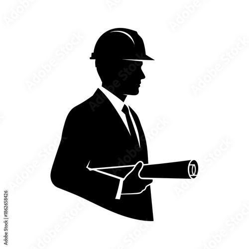 Construction Engineer Silhouette Holding Blueprint – Architect Worker Vector Icon