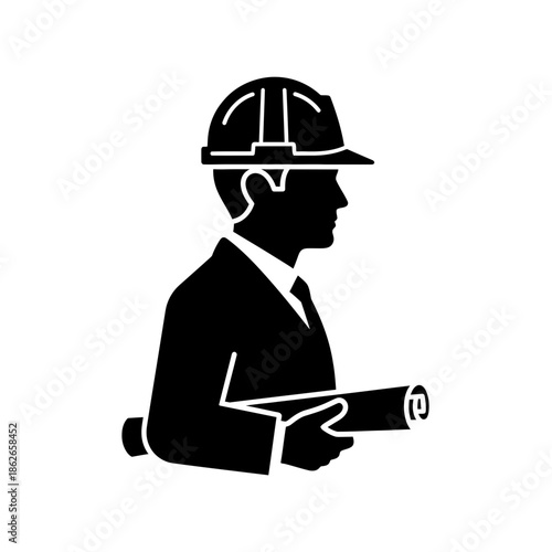 Construction Engineer Silhouette Holding Blueprint – Architect Worker Vector Icon