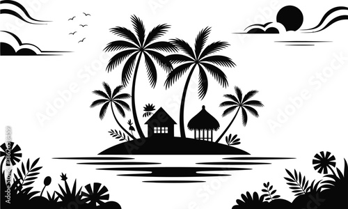 Black and white tropical island scene with palm trees huts and water