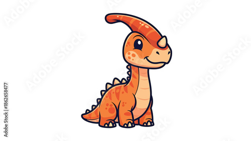 Adorable Cartoon Parasaurolophus Dinosaur with Orange Skin and Spikes.