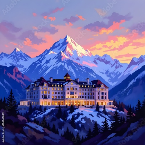 Mountain Hotel Exterior – Oil Art Landscape
