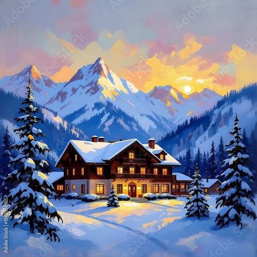 Mountain Hotel Exterior – Oil Art Landscape