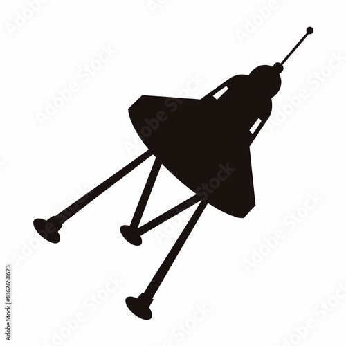 Silhouette of a retro science fiction spaceship with an antenna and legs