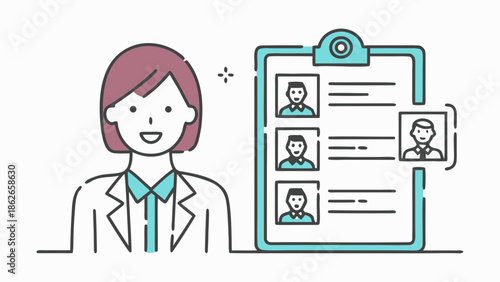 Woman in suit standing next to a clipboard with profile pictures for job candidate selection process process