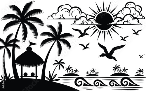 Tropical beach scene with palm trees and hut by the ocean on a sunny day