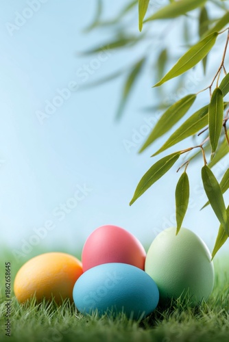 colorful easter eggs on green grass with willow leaves. a banner for easter celebration, with copy space.