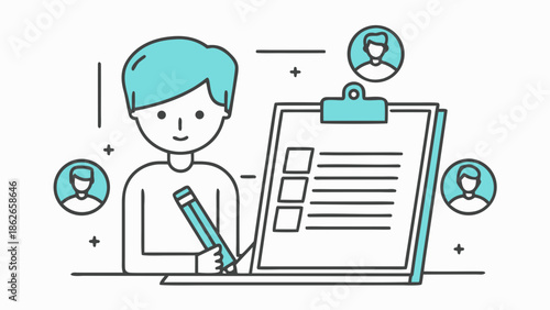 Person with pencil completing a checklist on a clipboard surrounded by profile icons and plus symbols
