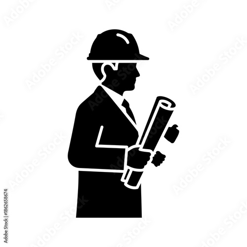 Construction Engineer Silhouette Holding Blueprint – Architect Worker Vector Icon
