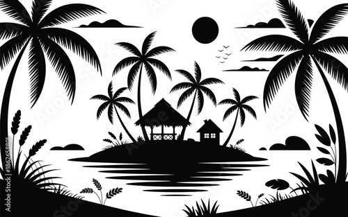 Tropical island with palm trees and huts on a sunny day with calm waters