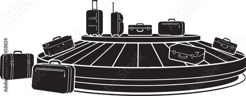 A black and white illustration of luggage on a carousel