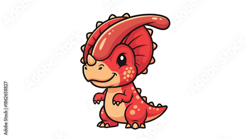 Adorable Cartoon Parasaurolophus Dinosaur with Red and Tan Coloring.