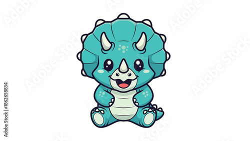 Adorable Cartoon Triceratops Sitting with a Cheerful Expression.
