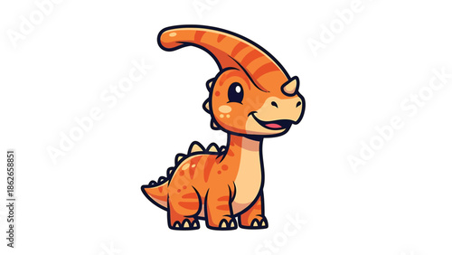 Adorable Cartoon Parasaurolophus Dinosaur with Orange Stripes and Friendly Smile.
